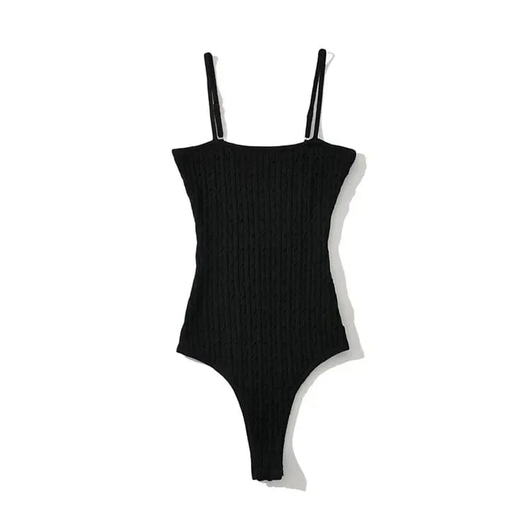Free / Night-Black Supper Sexy Square Neck Thin Spaghetti Strap Sleeveless Women Twist Knit Ribbed Tight Feel Women Bodysuit