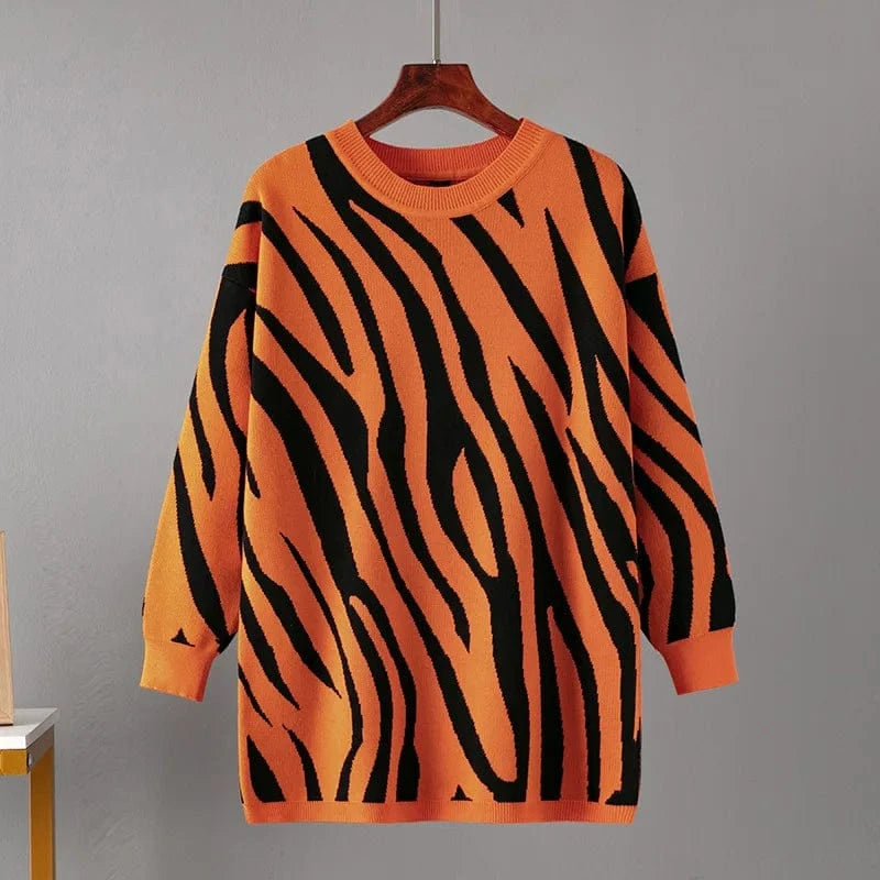 Free / Orange 2023 Autumn And Winter New Zebra-print Fashion Knitted Pullover  Casual Round Neck Sweater