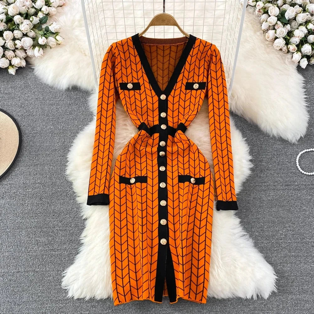 Free / Orange Autumn And Winter V-Neck Long-Sleeved Colorblocking Slim Mid-Length Split Knit Dresses