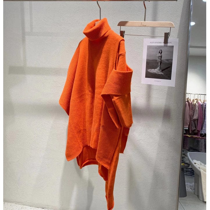 Free / Orange Fall ladies knitwear elegant turtleneck poncho 2 piece dress set vintage long sleeve ribbed knit sweater dress women clothing
