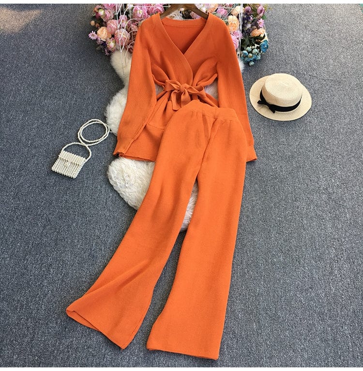 Free / Orange GX7188A Fashion causal knit clothing vendor leisure suits women long sleeve shirt and wide leg pant matching suits 2 piece sets