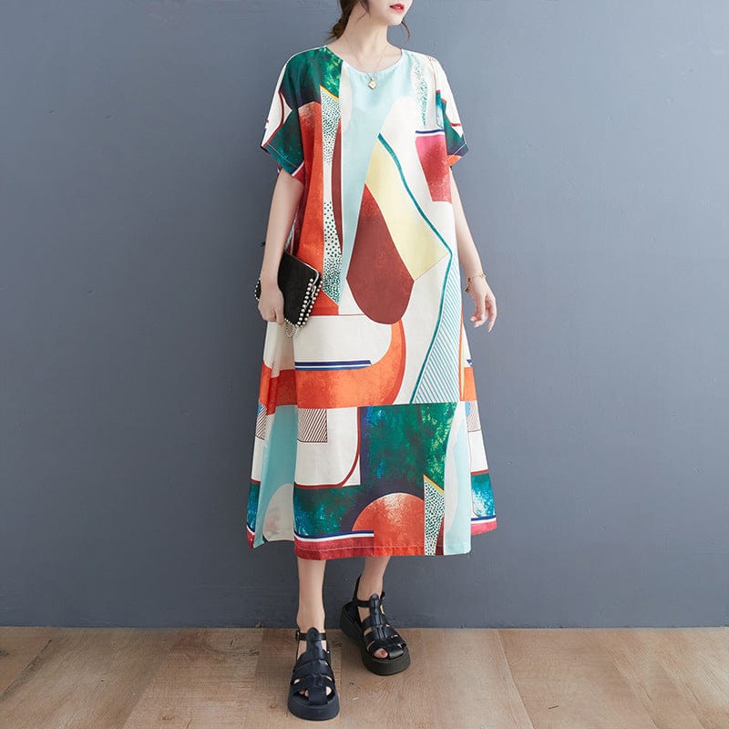 Free / Orange One size  Literature and Art Large Loose and Slim Printed Panel Mid length Dress