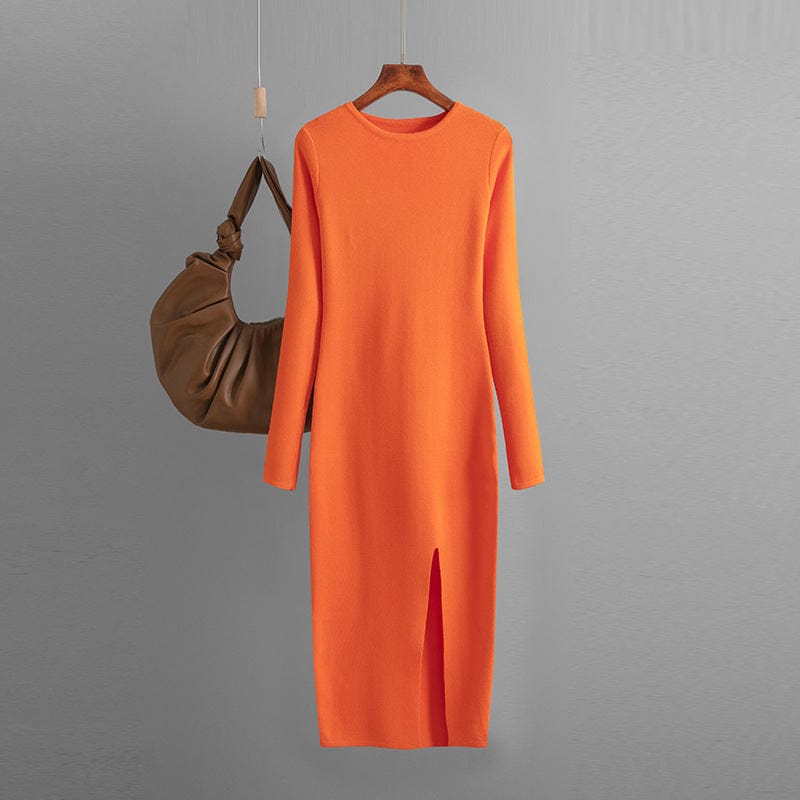 Free / Orange PDEP 2023 autumn and winter slim knit dress  mid-length long sleeve skinny bottom-up knit sweater dress for women