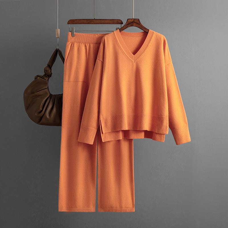 Free / Orange PDEP 2023 fashion women autumn and winter  new V-neck loose casual pullover knitted sweater and wide leg pants two piece set