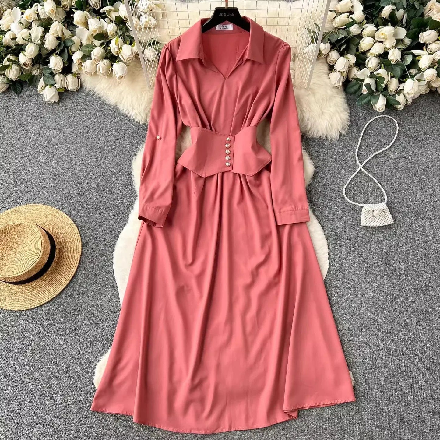 Free / Orange Pink One size  Retro style high-end dress Polo collar long sleeved waist cinched A-line large hem shirt dress