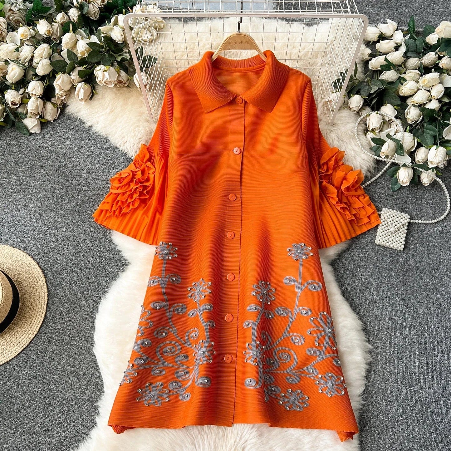 Free / Orange Pleated Miyake Single Breasted Hand Silver Floral Ladies Cardigan Coat Women Free Size Loose Dress