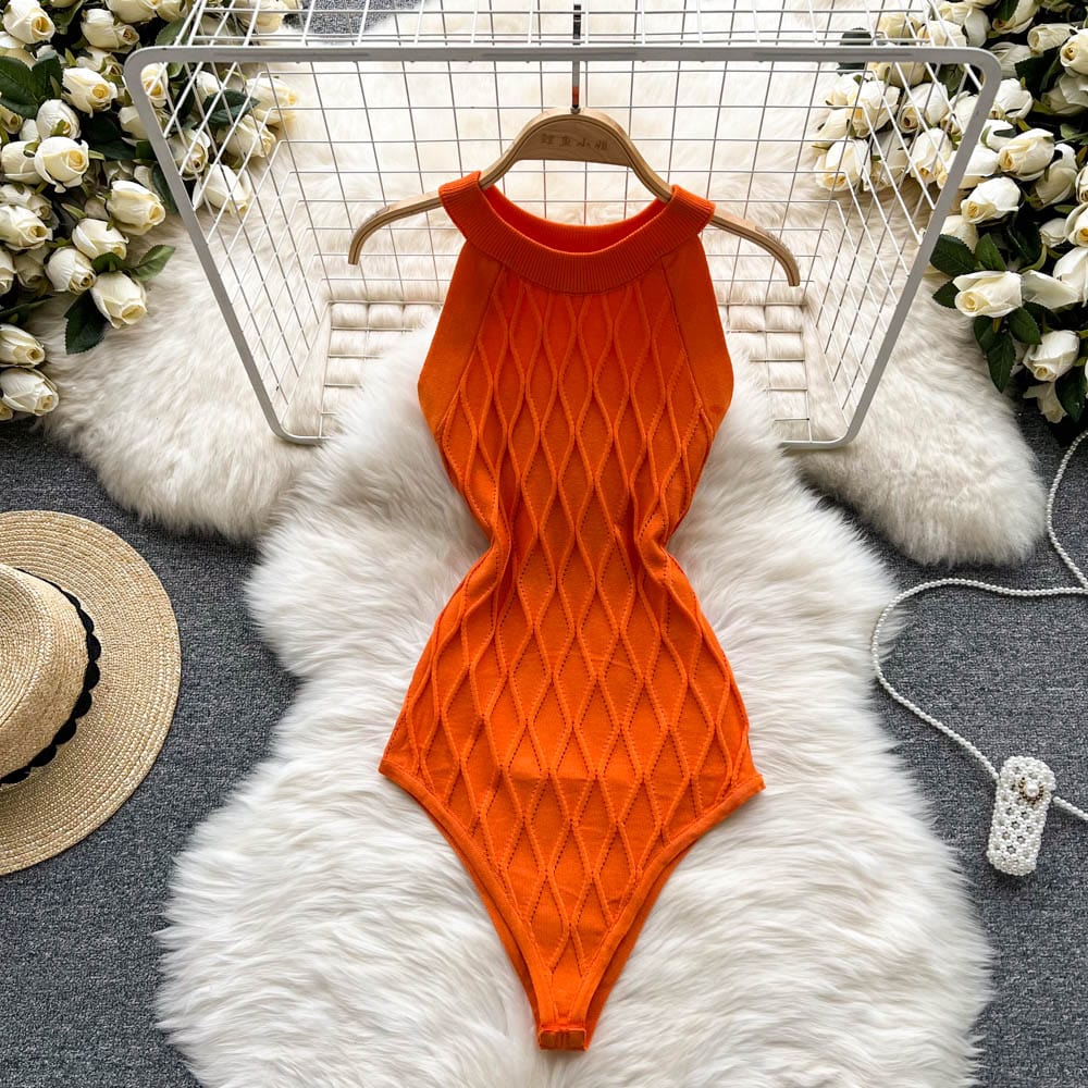 Free / Orange Sleeveless halter one-piece knit dress women's summer slimming temperament sexy plaid knitted buttock jumpsuit