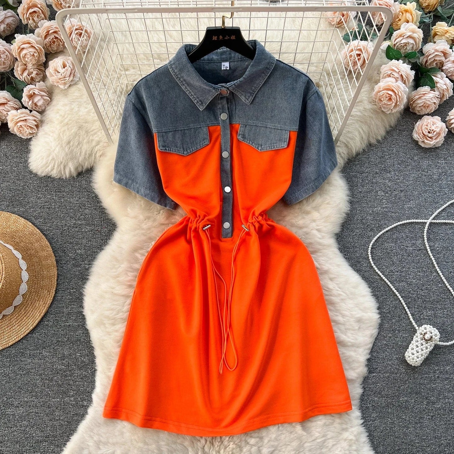 Free / Orange Summer Casual Polo Collar Midi Dress For Women Empire Patchwork Contrast Color Denim Fashion Dresses