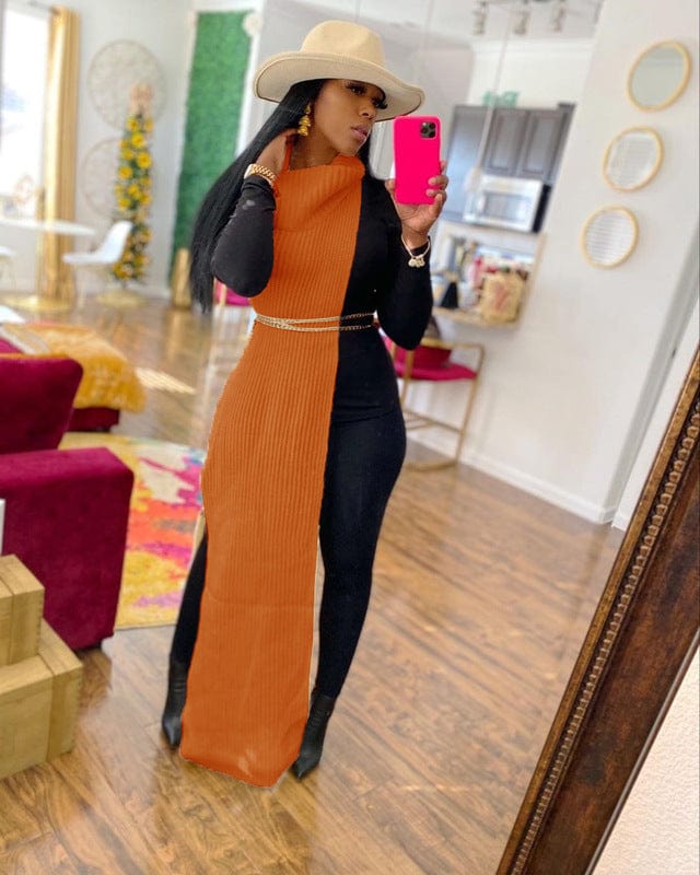 Free / Orange Z59651 Wholesale Solid Color High Collar Both Sides Split Women Night Club sweater dress