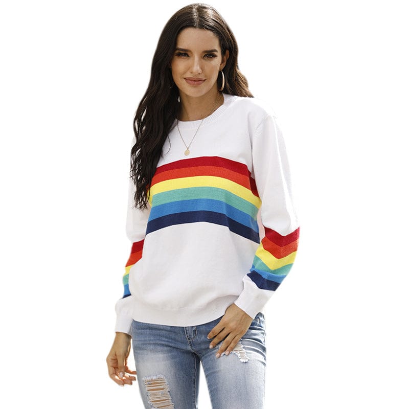 Free / picture color Fall New Student Knitwear Top Fashion Rainbow Stripe Long Sleeve Pullover Women