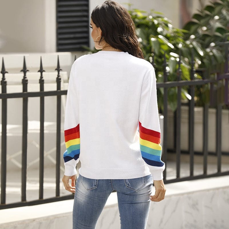 Free / picture color Fall New Student Knitwear Top Fashion Rainbow Stripe Long Sleeve Pullover Women