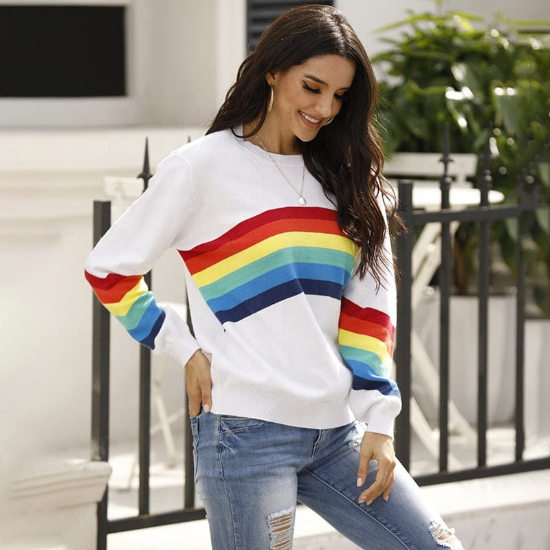 Free / picture color Fall New Student Knitwear Top Fashion Rainbow Stripe Long Sleeve Pullover Women