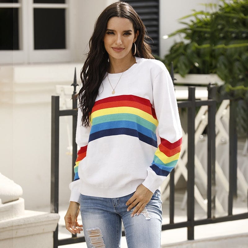 Free / picture color Fall New Student Knitwear Top Fashion Rainbow Stripe Long Sleeve Pullover Women
