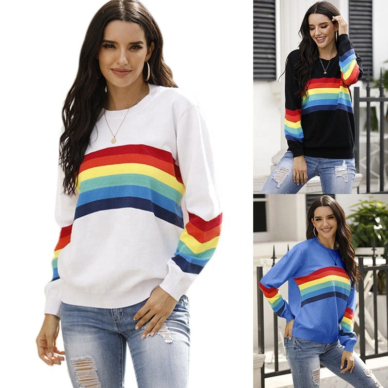 Free / picture color Fall New Student Knitwear Top Fashion Rainbow Stripe Long Sleeve Pullover Women