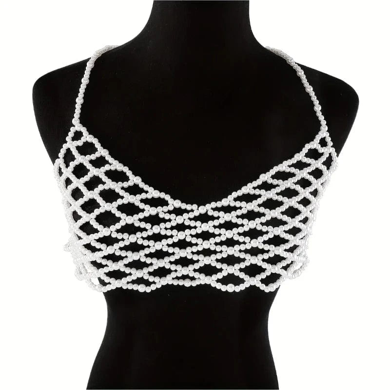 Free / Picture color Hollow Out Handmade Faux Pearls Beaded Chest Chain