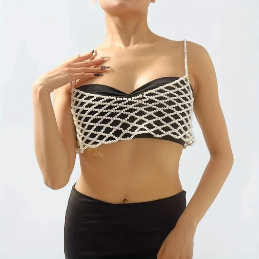 Free / Picture color Hollow Out Handmade Faux Pearls Beaded Chest Chain