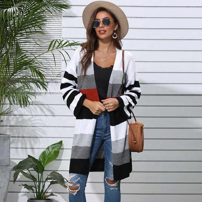 Free / picture color Knitting Cardigan Long Stripe Splicing Collision Color Sweater New Foreign Trade Women's Casual Winter Knit Sweater Custom
