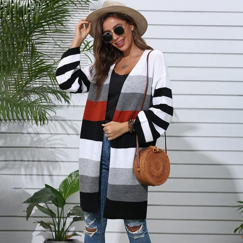Free / picture color Knitting Cardigan Long Stripe Splicing Collision Color Sweater New Foreign Trade Women's Casual Winter Knit Sweater Custom