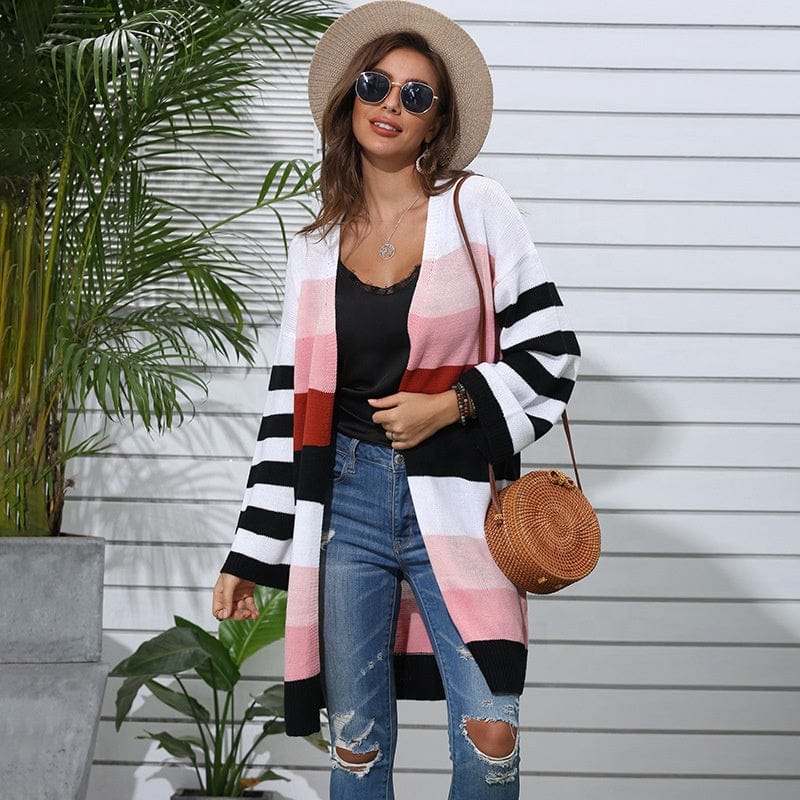Free / picture color Knitting Cardigan Long Stripe Splicing Collision Color Sweater New Foreign Trade Women's Casual Winter Knit Sweater Custom