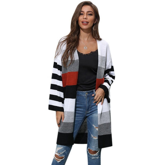 Free / picture color Knitting Cardigan Long Stripe Splicing Collision Color Sweater New Foreign Trade Women's Casual Winter Knit Sweater Custom