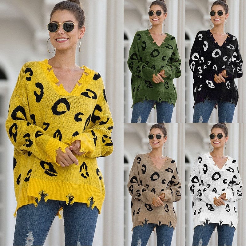 Free / picture color Leopard Print Pullover Sweater European And American New V-Neck Broken Hole Female