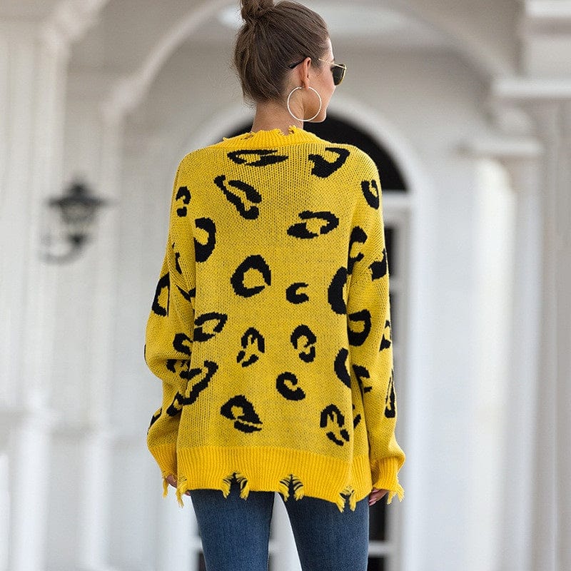 Free / picture color Leopard Print Pullover Sweater European And American New V-Neck Broken Hole Female
