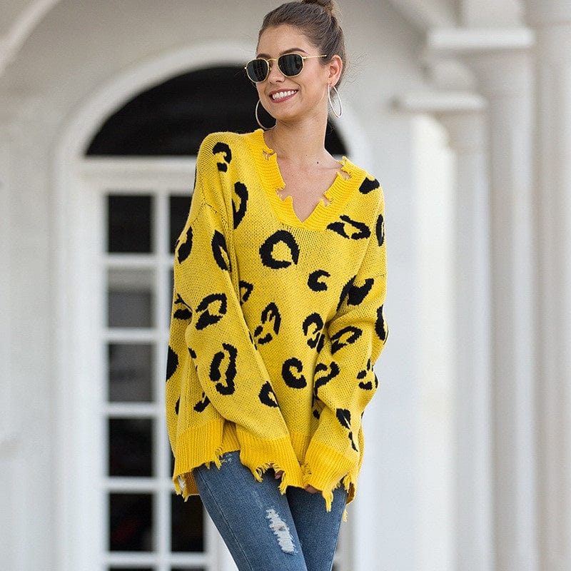 Free / picture color Leopard Print Pullover Sweater European And American New V-Neck Broken Hole Female