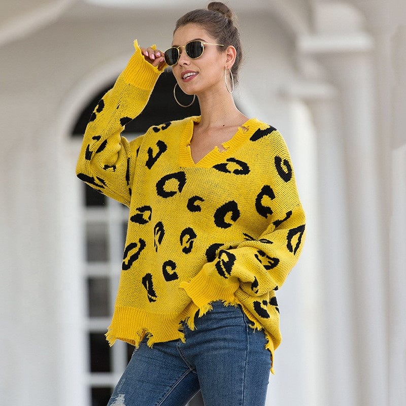 Free / picture color Leopard Print Pullover Sweater European And American New V-Neck Broken Hole Female