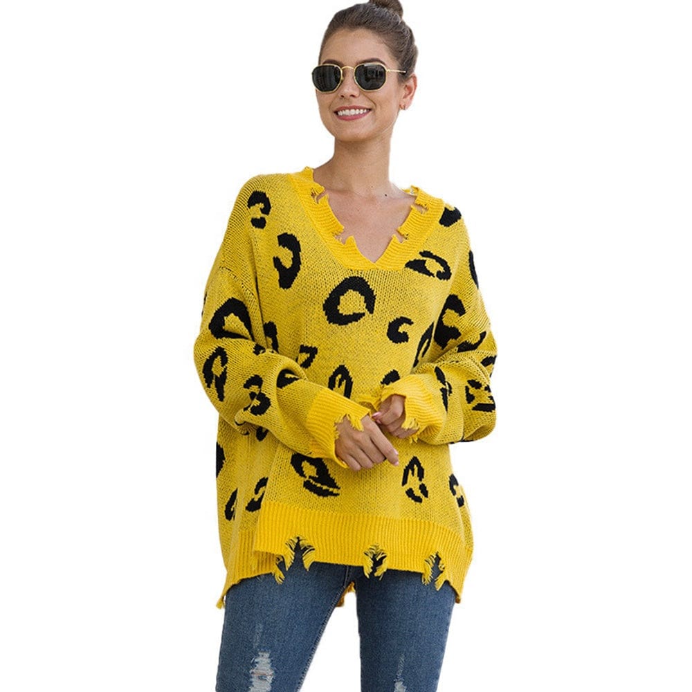 Free / picture color Leopard Print Pullover Sweater European And American New V-Neck Broken Hole Female