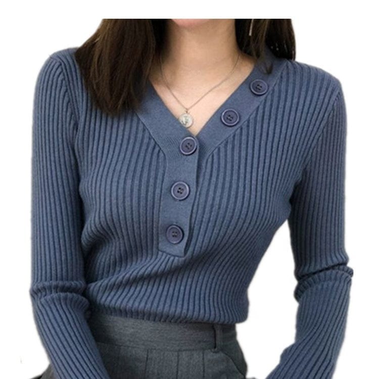 Free / picture color Sweater Women's Autumn/Winter 2022 New Bottom Top V-Neck Long-Sleeved Slimming Pullover Headbreasted Solid Color