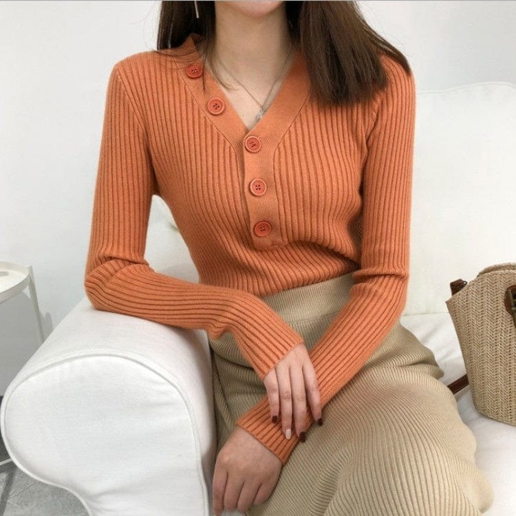 Free / picture color Sweater Women's Autumn/Winter 2022 New Bottom Top V-Neck Long-Sleeved Slimming Pullover Headbreasted Solid Color