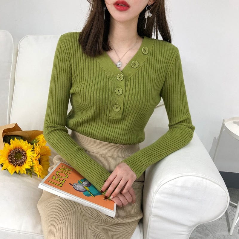 Free / picture color Sweater Women's Autumn/Winter 2022 New Bottom Top V-Neck Long-Sleeved Slimming Pullover Headbreasted Solid Color