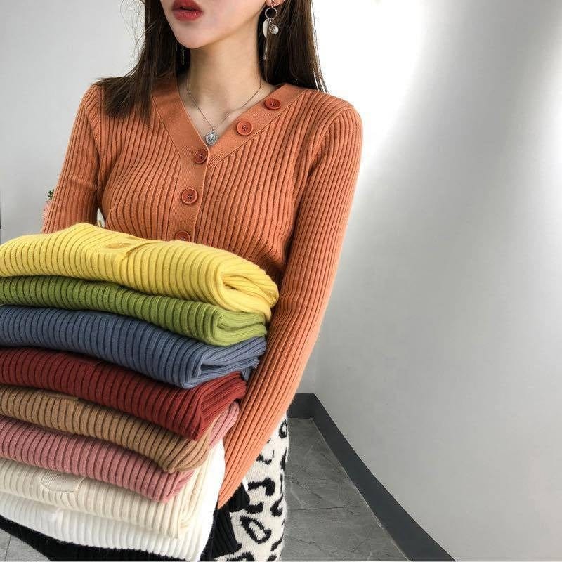 Free / picture color Sweater Women's Autumn/Winter 2022 New Bottom Top V-Neck Long-Sleeved Slimming Pullover Headbreasted Solid Color