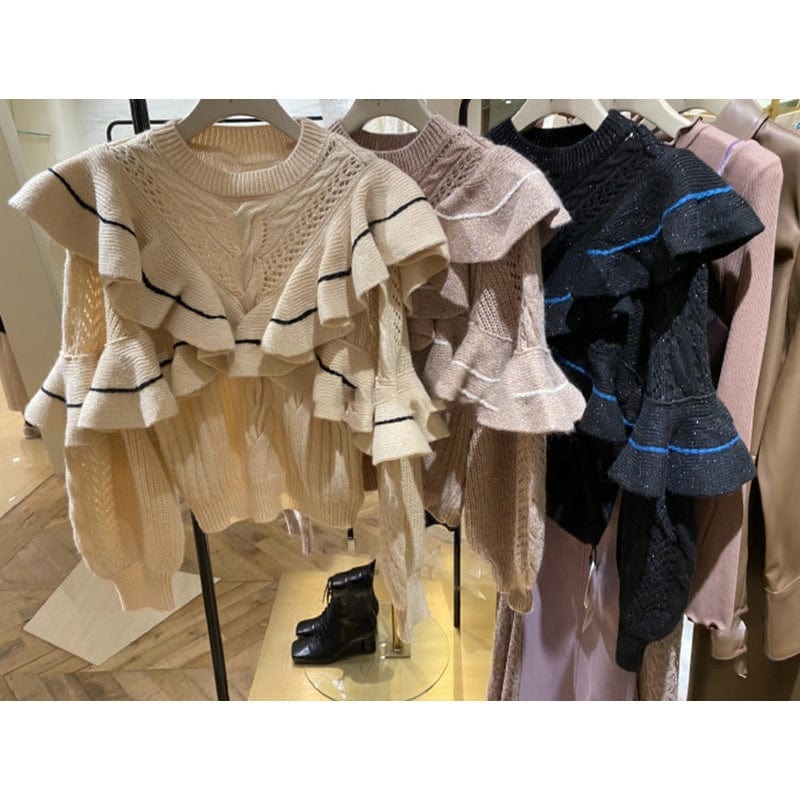 Free / picture color Winter Is New Layer Upon Spell Color Lotus Leaf Round Collar Sweet Loose Knit Sweater Female