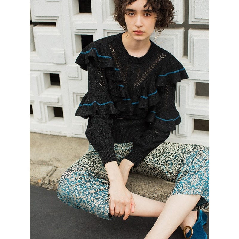 Free / picture color Winter Is New Layer Upon Spell Color Lotus Leaf Round Collar Sweet Loose Knit Sweater Female