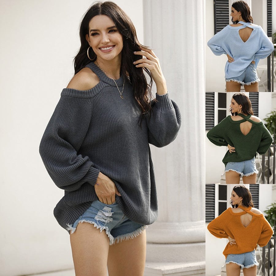 Free / picture color Winter New Women's Back Peach-Hollowed Knit Round Neck Open-Shoulder Sweater Women