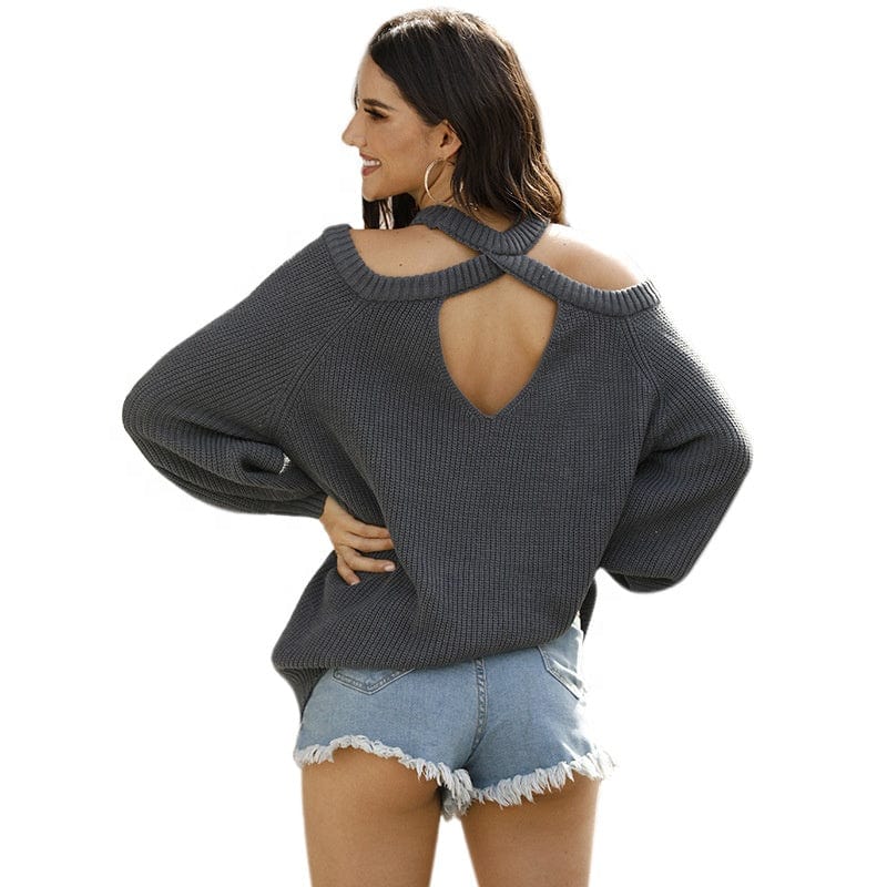 Free / picture color Winter New Women's Back Peach-Hollowed Knit Round Neck Open-Shoulder Sweater Women