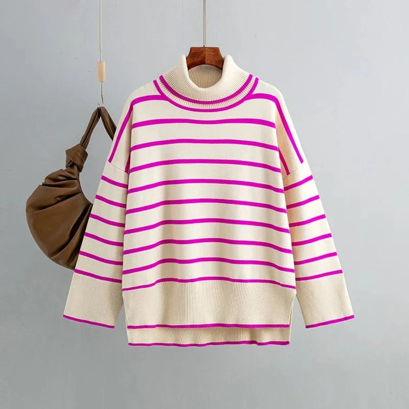 Free / Pink 2024 Hot Sale Women Sweater Autumn Winter High-neck Knit Pullover Loose Long Sleeve Knitwear Striped Casual Sweater