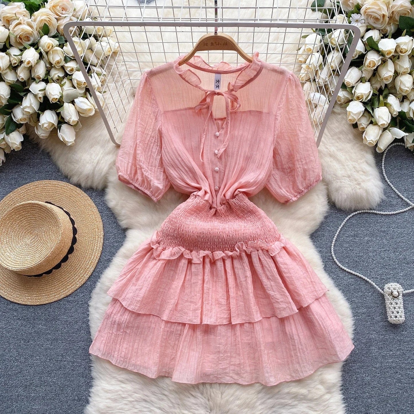 Free / Pink 2024 New Summer Sweet V-neck Tunic Slim Midi Dress For Women Ruffled Clothes Women