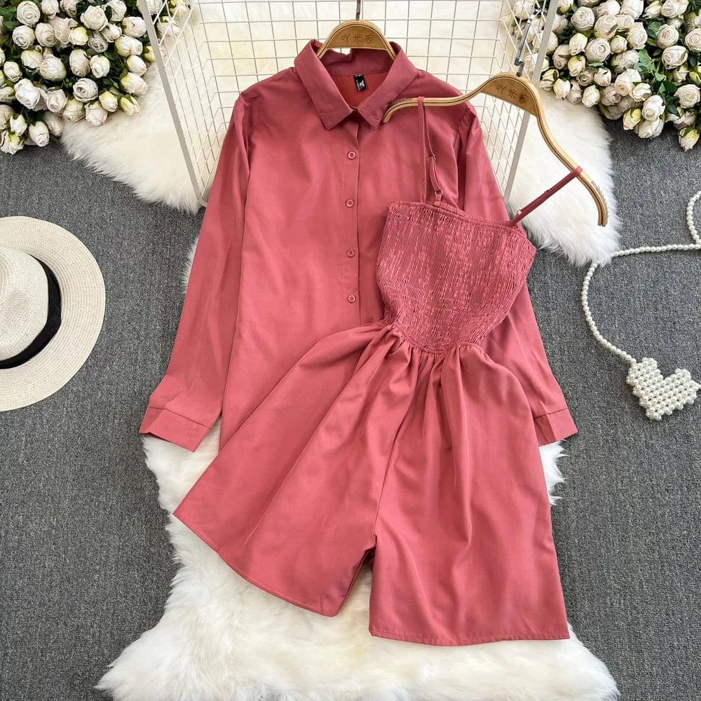 Free / Pink 2Pcs Set Woman Lazy Fashion Suit Women'S Summer Niche Design High-Class Loose Sunscreen Shirt+Wide Leg Suspenders Culottes Set