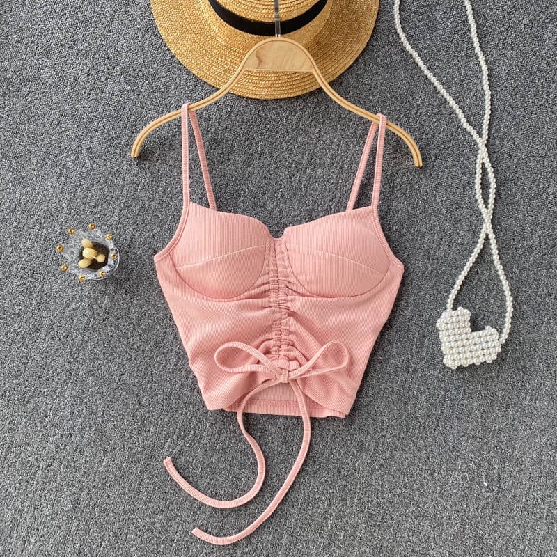 Free / Pink Amazon Hot Hale 15 Colors Women Summer Solid Spaghetti Strap Boob Tube Tank Top Ladies Drawstring Crop Tops