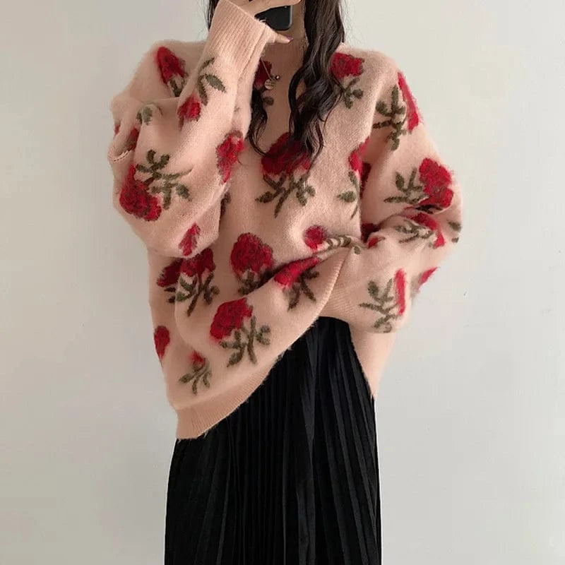 Free / Pink Best Selling Casual Fashion Floral Embroidery Knit Women Pullover Sweater