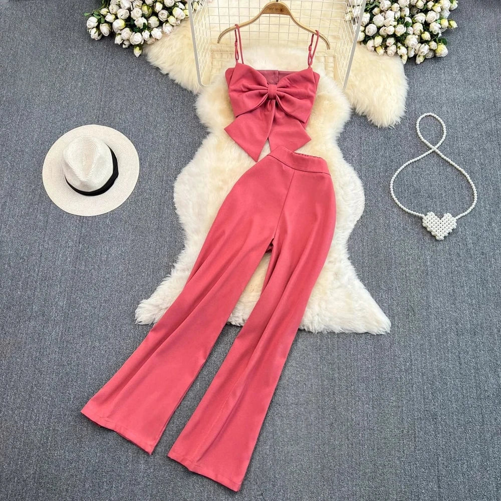 Free / Pink Casual Set Of Female Casual Pants Pants Two-piece Bow Top Set