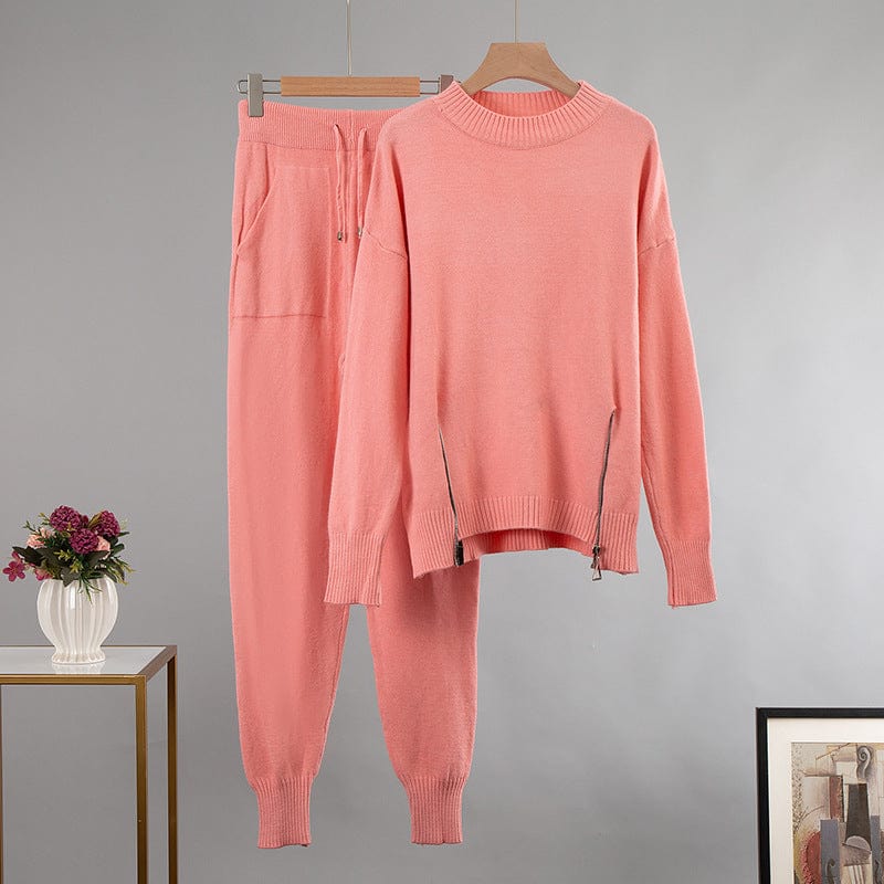 Free / Pink Elegant Cashmere Knitted Sets Women Winter Warm Basil Two Pieces Loose Sweater and Harem Pants Female Tracksuit