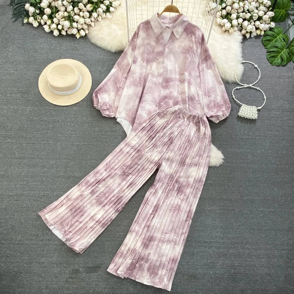 Free / Pink Fashion Suit Retro Loose Irregular Single-Breasted Printed Shirt High-Waisted Wide-Leg Pants Two Piece Set