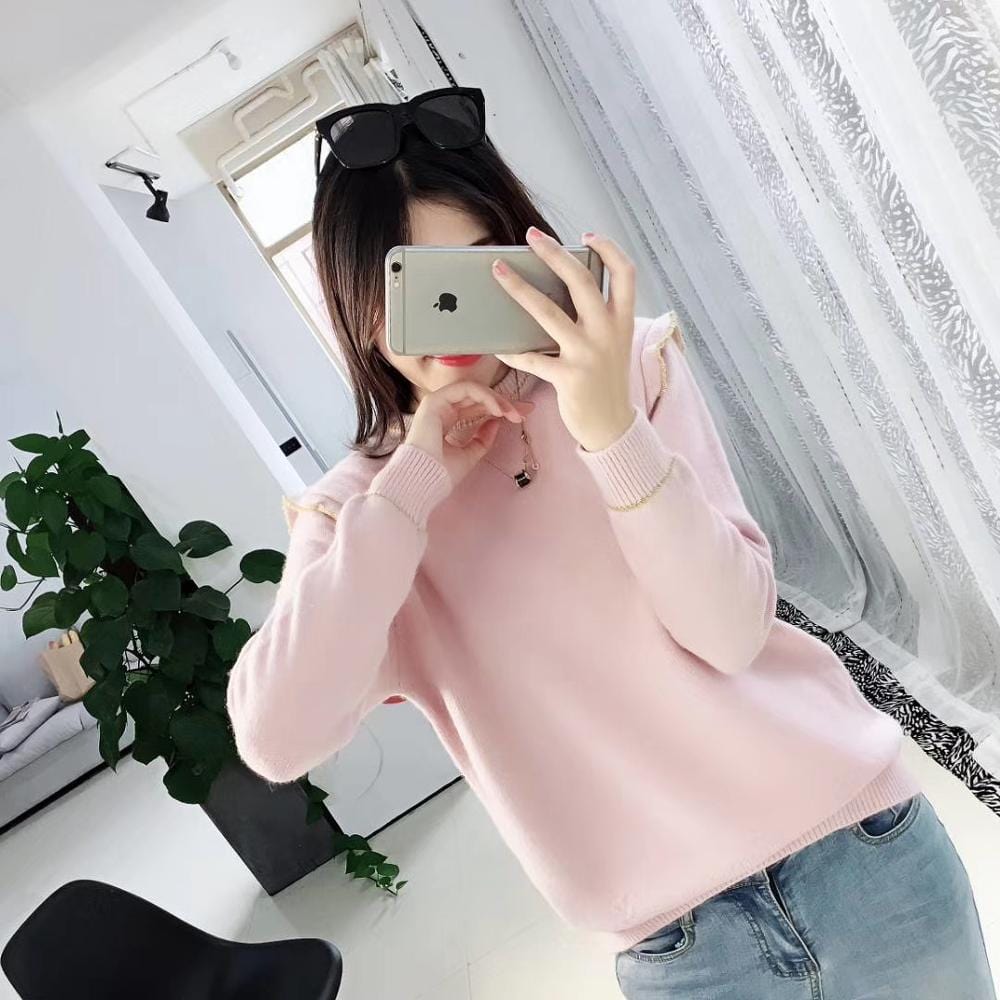 Free / Pink Fashionable Winter Round Neck Woman Thick Plain Sweater Knitted Pullover Jumper Sweet Lady