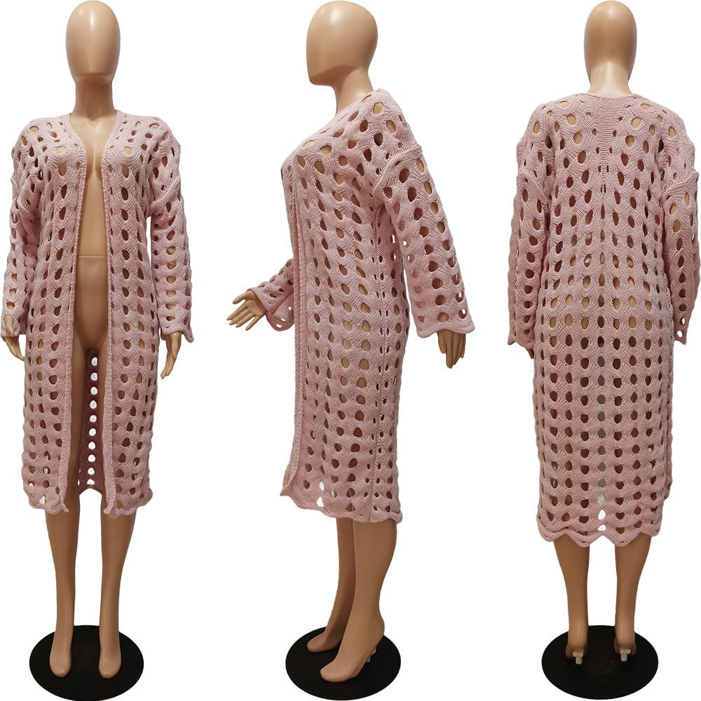 Free / Pink GX648 Sexy Women New Fashion Full Sleeve Ladies Sweater Coat Elegant Street Wear Hollow Out Women Cardigan Long Jacket