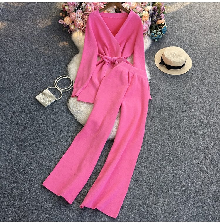 Free / Pink GX7188A Fashion causal knit clothing vendor leisure suits women long sleeve shirt and wide leg pant matching suits 2 piece sets