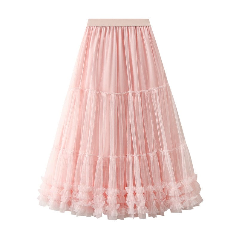 Free / Pink Hot Fashion High Waist Long Maxi Skirts for Women Luxury French Party Mesh Patchwork Tutu Pleated Skirt Woman Korean Faldas Jupe