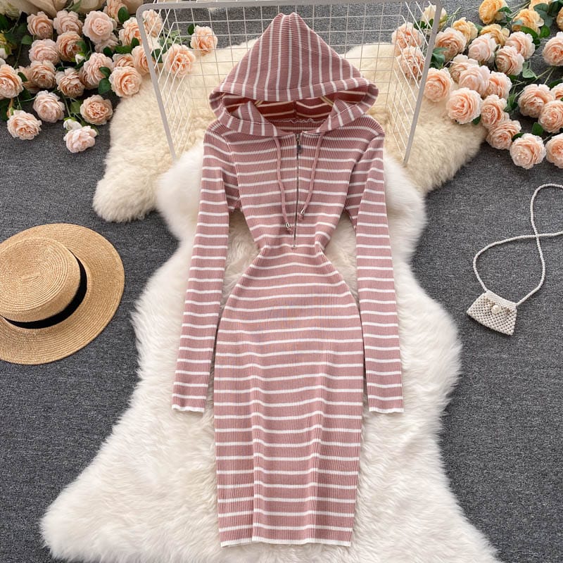 Free / Pink Korean version college style casual Hoodie zipper slim fit short retro stripe long sleeve knitted dress autumn women